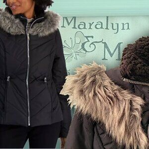 Maralyn & Me Women's Puffer Coat Faux-fur trim front "dressed to impress" winter
